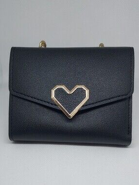 Wallet Faux Leather With Heart Snap Closure Black NWT